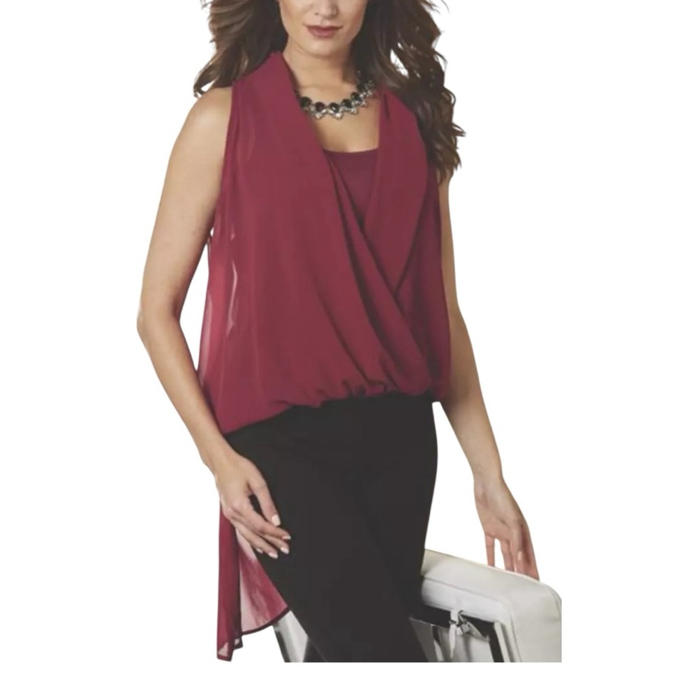 Chiffon Overlay Blood Red Blouse Pin-Up Blouse Tunic Cocktail Party Top size XL - Picture 2 of 14